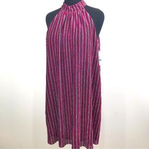 Eci Pink Gold Metallic Glitter Sparkle Stripe Keyhole Halter Shift Dress NEW